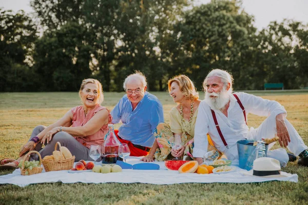 Gruppo Giovani Anziani Che Divertono All Aperto Quattro Pensionati Che — Foto Stock