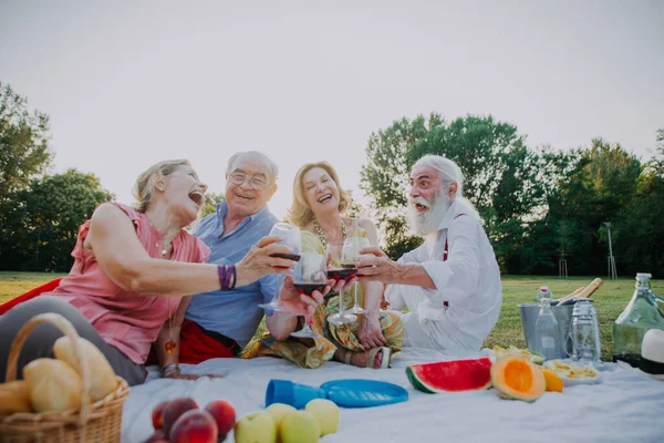 Группа Молодых Пенсионеров Веселящихся Свежем Воздухе Четыре Пенсионера Объединяются Открытом — стоковое фото