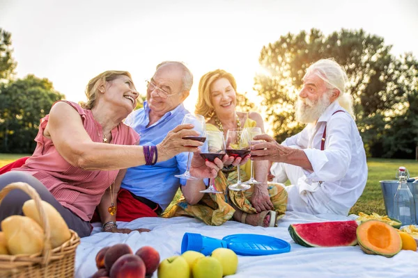 Gruppo Giovani Anziani Che Divertono All Aperto Quattro Pensionati Che — Foto Stock