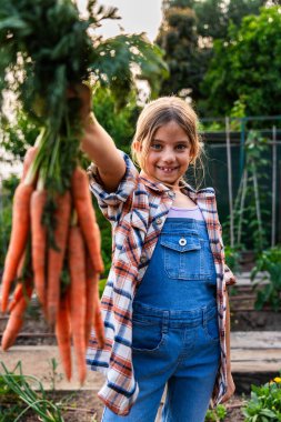 Gülümseyen genç çiftçi kız bir çiftlik bahçesinde taze toplanmış havuçları gösteriyor sağlıklı beslenmeyi ve sürdürülebilir tarımı teşvik ediyor.