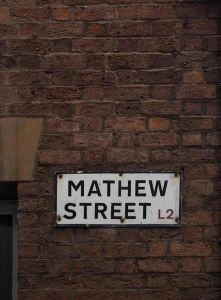 Mathew Street Liverpool Sinal Rua Parede Tijolo Fotografia De Stock