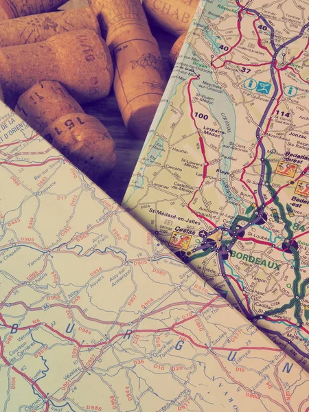 French Wine Pilgrimage Trip Maps Corks Vintage Menu — Stock Photo, Image