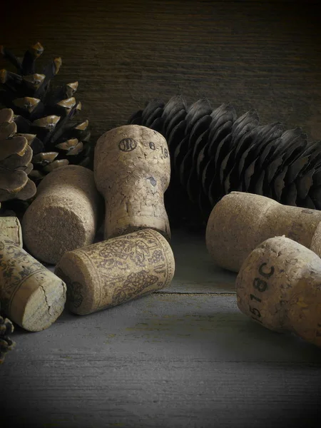 Winter Wine Corks Fir Tree Cones Close — Stock Photo, Image