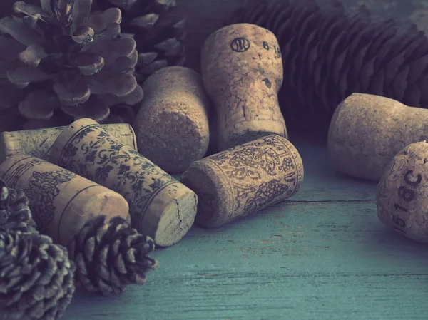 winter wine corks and fir tree cones vintage close up