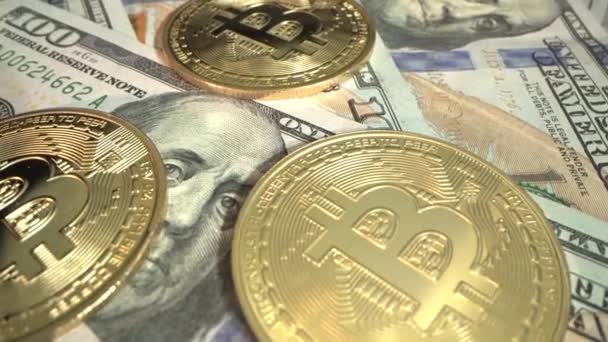 Három arany Bitcoin az amerikai 100 dolláros pénzen. A felszín az óramutató járásával ellentétesen forog. Bányászat. Felezünk. A jövő digitális cirrenciája. Makrofelvétel — Stock videók