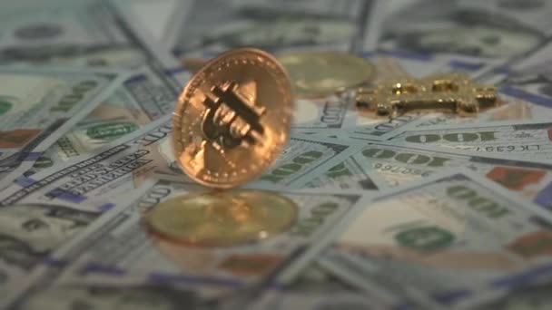 Gold digital cryptocin Bitcoin rotate on the surfase with many other coins and american dollars. Slow motion. Halving. Coin of the future. Trading. — Stock Video