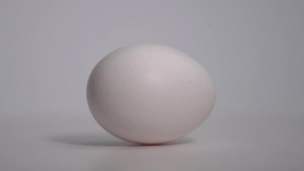 Hvidt æg roterer på overfladen. Tæt på makroskud. Hvid baggrund. Før kok – Stock-video