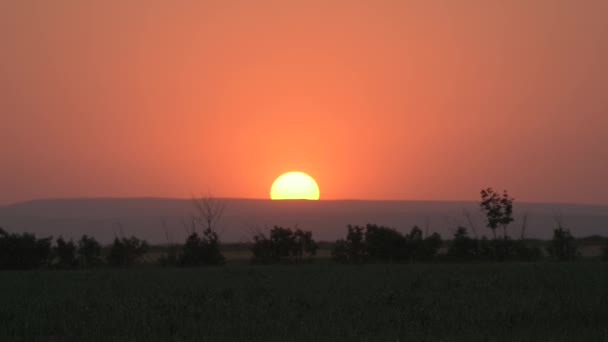 Hermoso claro Big Sunrise Sunset Big Red Hot Sun en la distorsión del aire caliente por encima de Horizonte sin fisuras. Sol detrás de la colina — Vídeos de Stock