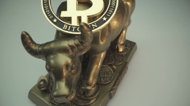 Hoofdsymbool 2021 jaar is metalen stier. Gouden munt Bitcoin verblijf op de top van het standbeeld. Macro heeft geschoten. Verticaal panorama. — Stockvideo