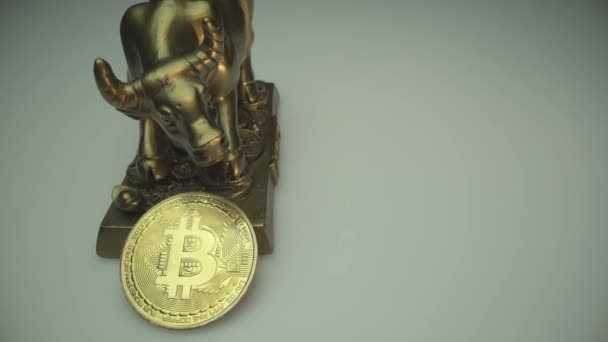 Bitcoin dourado e estátua de metal de touro de ouro. O touro de metal é símbolo de 2021 ano. Dinheiro digital. Tecnologia Blockchain — Vídeo de Stock