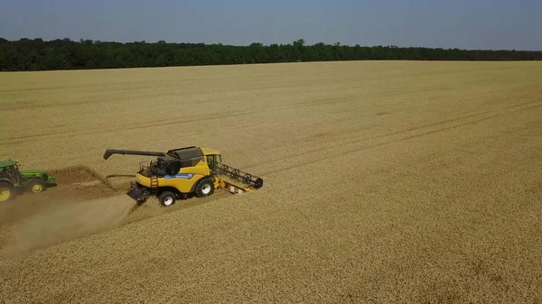 Blick von oben auf Erntemaschinen, die im Weizenfeld arbeiten. Mähdrescher erntet goldenen reifen Weizen — Stockfoto
