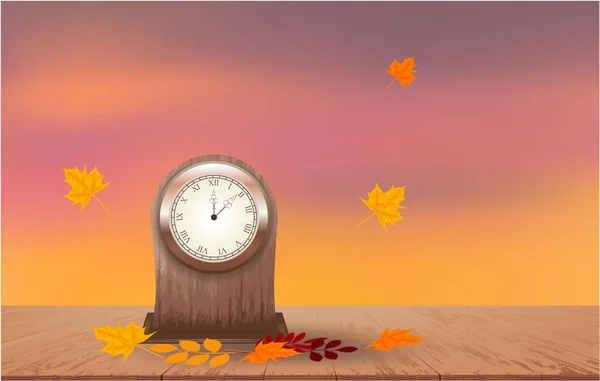 illustration with table clock and autumn leaves on a wooden table at sunset