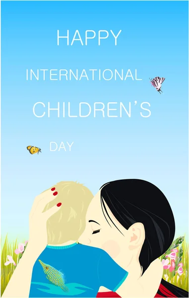 Happy International Children's Day banner with text, mother and son, grass