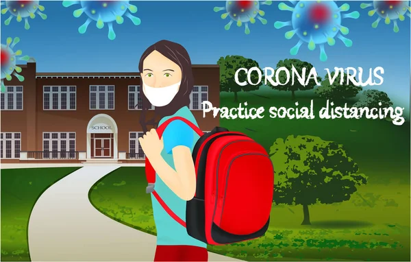 Corona Virus, practice social distancing banner with school building, schoolgirl in a white medical face mask, text, Coronavirus Bacteria