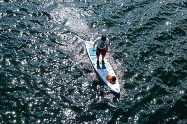 Duisburg, Almanya - Haziran 2017 - Yazın mavi bir gölde kürek çeken bir adam