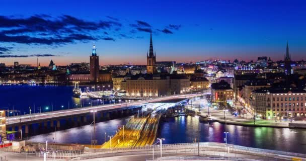 Sztokholm Stare Miasto Zachód Słońca Panorama Nocny Ruch — Wideo stockowe