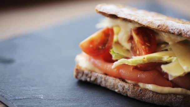 Sandwich Salmón Panini Plato Piedra — Vídeo de stock