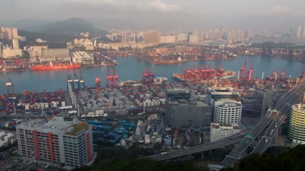 Hong Kong Hamn Terminal Solnedgång Tid Förflutit Porslin — Stockvideo