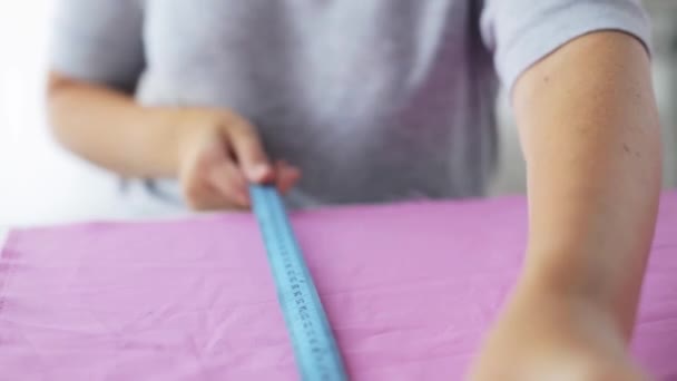 Tailor Woman Measuring Tape Fabric — Stock Video