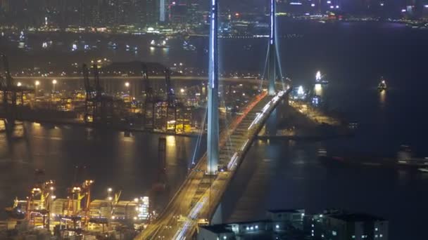 Hong Kong Noche Puente Tráfico Urbano Panorama — Vídeo de stock