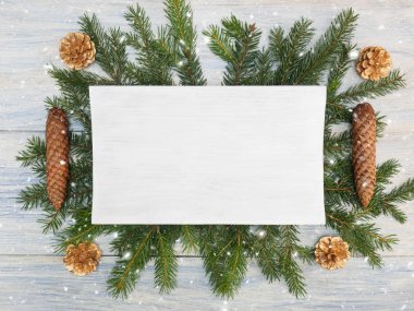Fir tree branch with white nameplate, cones, snowflakes. Winter 