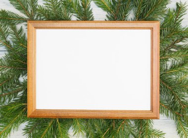 Fir tree branch with frame. Winter holidays concept