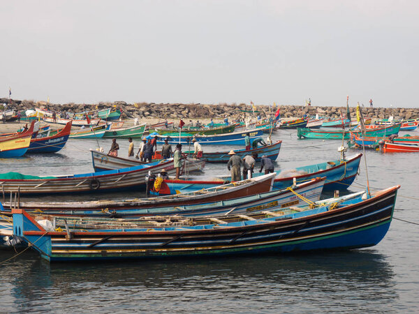 India, Kochin ��� April 06, 2019: Fishermen and fishing boats