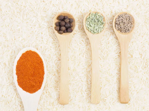 Las especias en la cuchara sobre el fondo del arroz basmati, el chile, la pimienta de Jamaica, el fenel, el comino. Ingrediente de cocina india — Foto de Stock