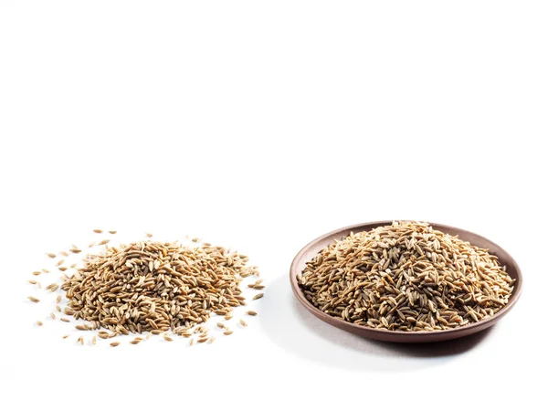 Cumin seeds (Cuminum), jeera in a clay plate and on a white back — Stock Photo, Image