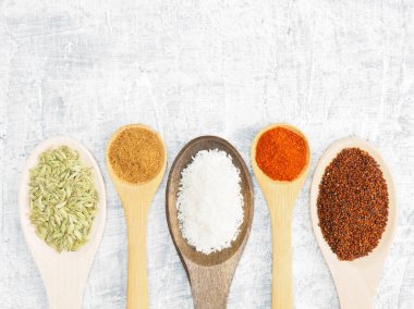 Baharatlar ve bitkiler tahta kaşıkta beton zemine dizilmiştir. Fen