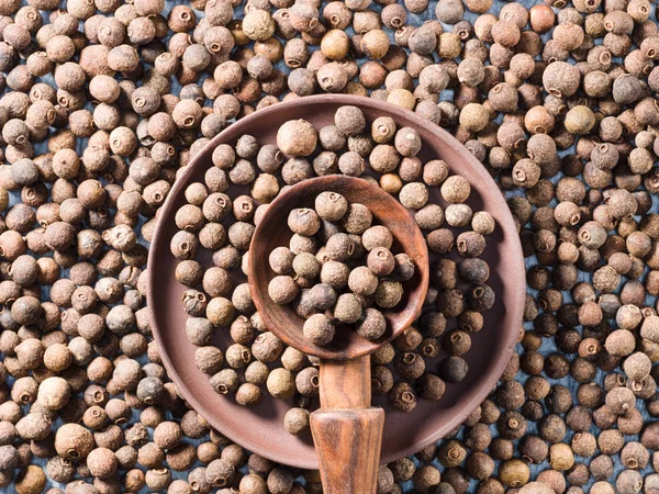 Allspice (Jamaica peper) in een houten lepel en kleiplaat op al — Stockfoto