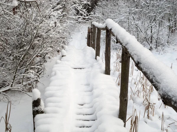 Paisagem Inverno Ponte Madeira Neve — Fotografia de Stock