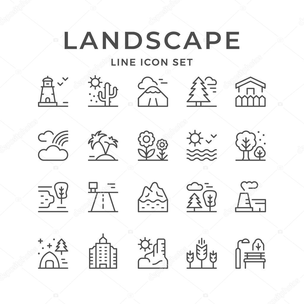 Set line outline icons of landscape