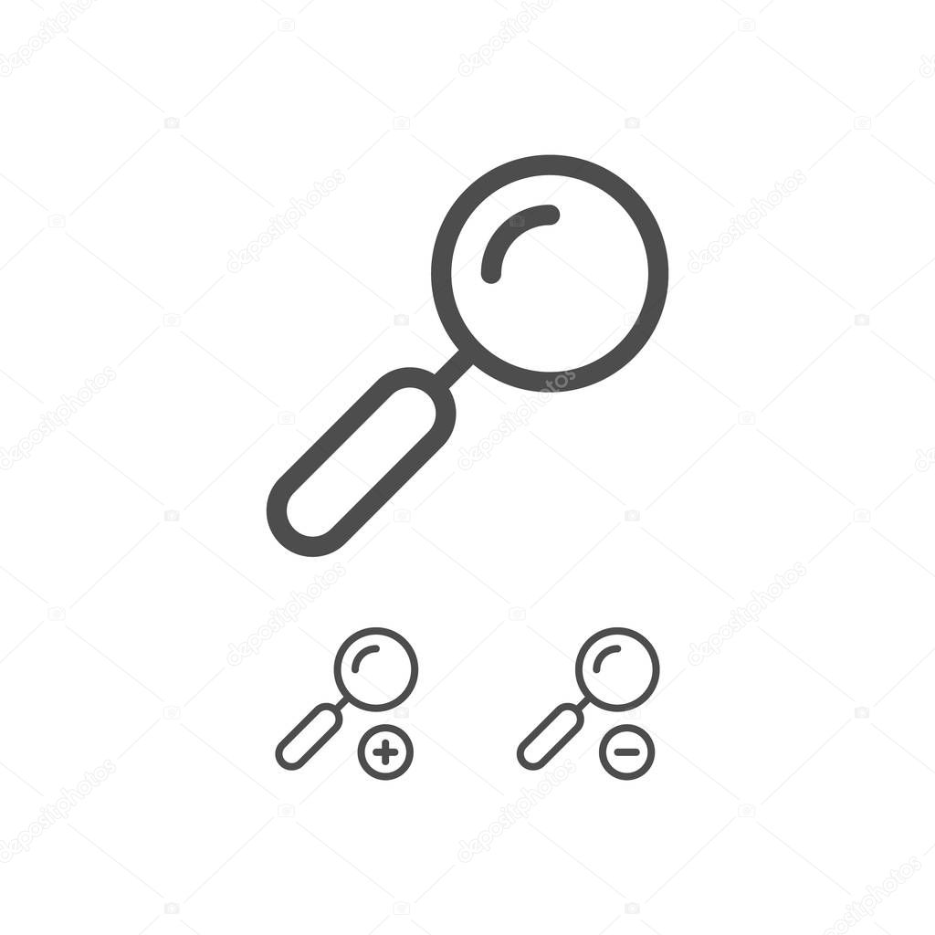 Magnifying glass, zoom in, zoom out line icons