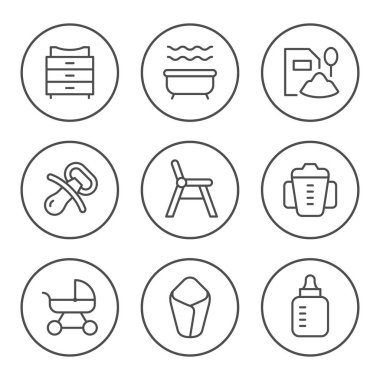 Bebek eşyalarının yuvarlak çizgi simgelerini ayarlama