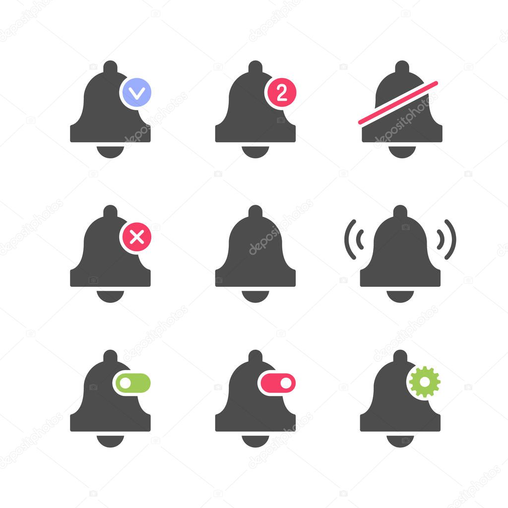Set icons of bell and alarm concept