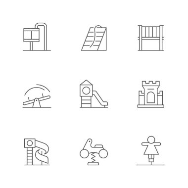 Oyun alanının çizgi simgelerini beyaza ayır. Köprü, tırmanma direği, denge direği, yay, süzül, yapı, tahterevalli, kale. Vektör illüstrasyonu