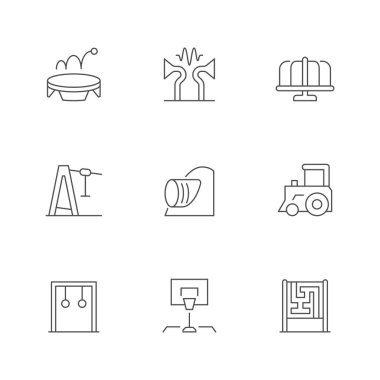 Oyun alanının çizgi simgelerini beyaza ayır. Döner kavşak, trambolin, konuşma tüpü, tünel, kablo, tren, halkalar, basketbol sedyesi, bulmaca taşıyıcı illüstrasyon