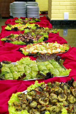 Salatalı, etli, pirinçli ve balıklı yemek servisi..