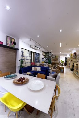 Guarapari / Espirito Santo / Brazil - 09 / 23 / 2018 - Dekoratif nesneler, resimler, bitkiler, çiçekler, çanaklar, ev eşyaları, koltuklar, hepsi iyi renklerde dekorasyon mağazası.