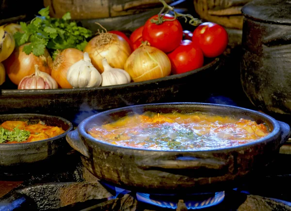 Delicioso Moqueca Capixaba Legumes Nos Potes Barro — Fotografia de Stock