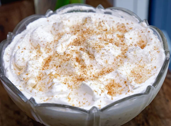 Coconut Candy Whipped Cream Cinnamon Glass Bowl — Stock Photo, Image