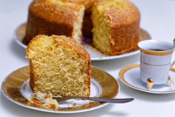 Finom Házi Készítésű Narancsos Sütemény Feltűzve Teával Csésze Teával Közelkép — Stock Fotó
