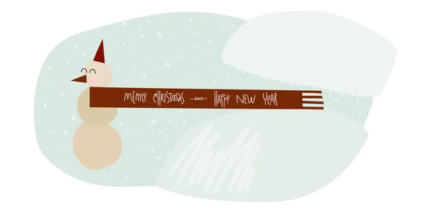 Felice pupazzo di neve in sciarpa con l'iscrizione Buon Natale e Felice Anno Nuovo — Vettoriale Stock