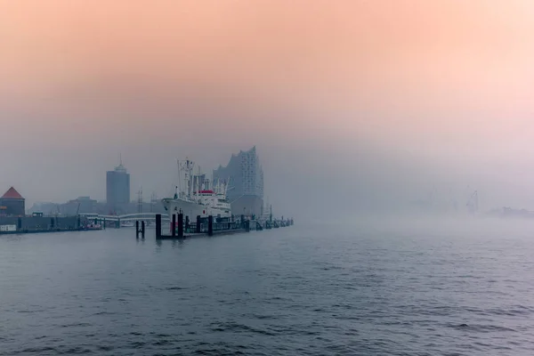 Kilátás a folyó partján az Elba folyó Hamburgban köd a t — Stock Fotó