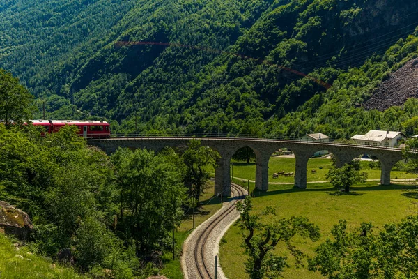Comboio na ponte de viaduto circular perto de Brusio no Al suíço — Fotografia de Stock