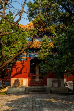 Baharda Pekin 'deki Konfüçyüs tapınağının yakınındaki bahçe detayları.