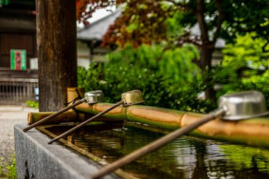 Japonya 'daki tapınağın girişindeki su havzasında dinginlik ayin için temizlenecek.