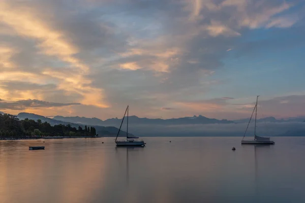 Colorful Sunrise Marina Lausanne Lake Leman Summer View Swiss Alps — Stock Photo, Image