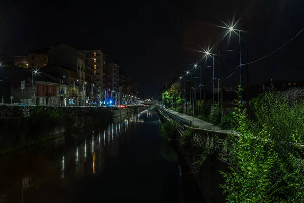 Widok Pustego Navigli Kanałów Wodnych Mediolanie Nocy — Zdjęcie stockowe